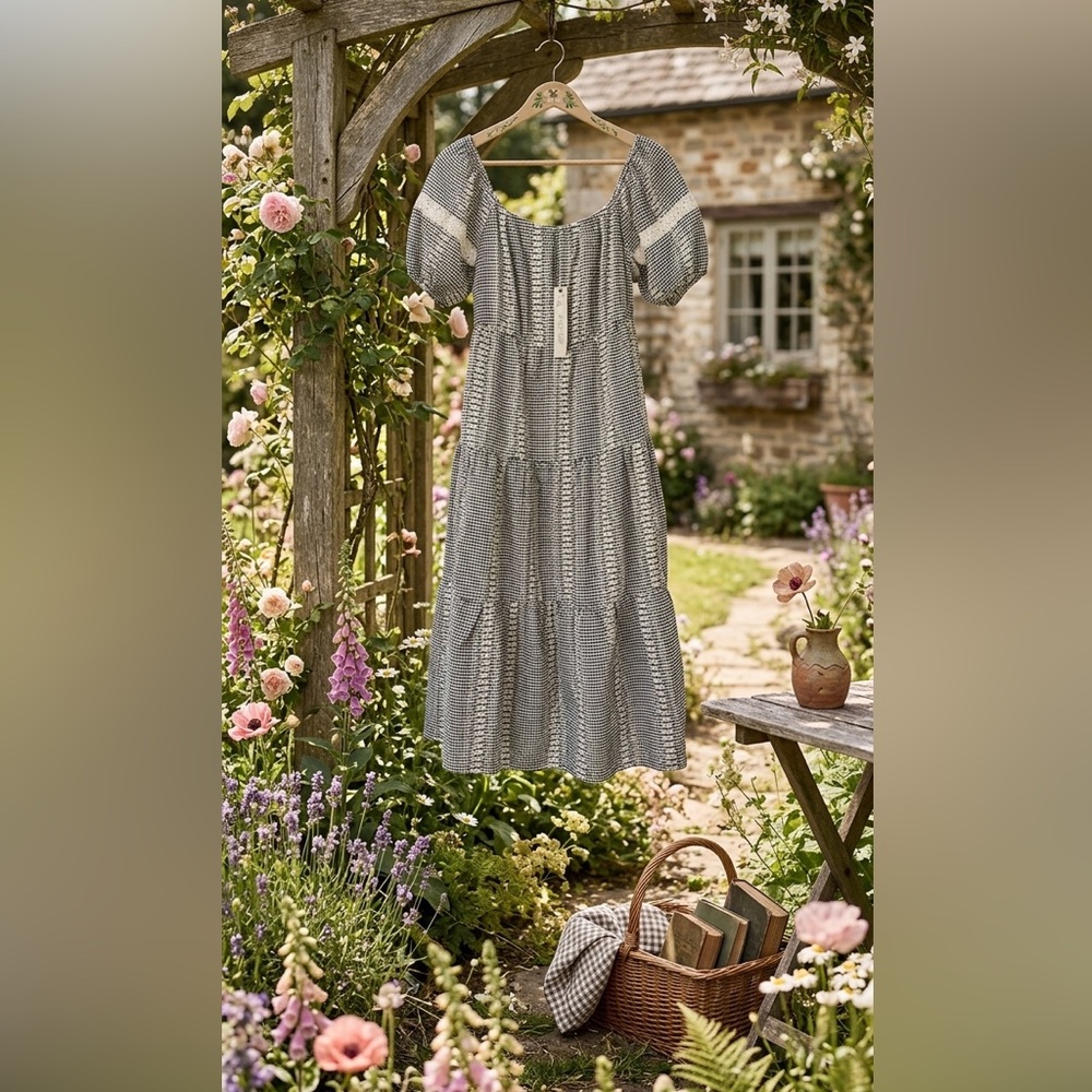 She + Sky Cottagecore Black and CreamCheckered Embroider Puff-Sleeve Maxi Dress